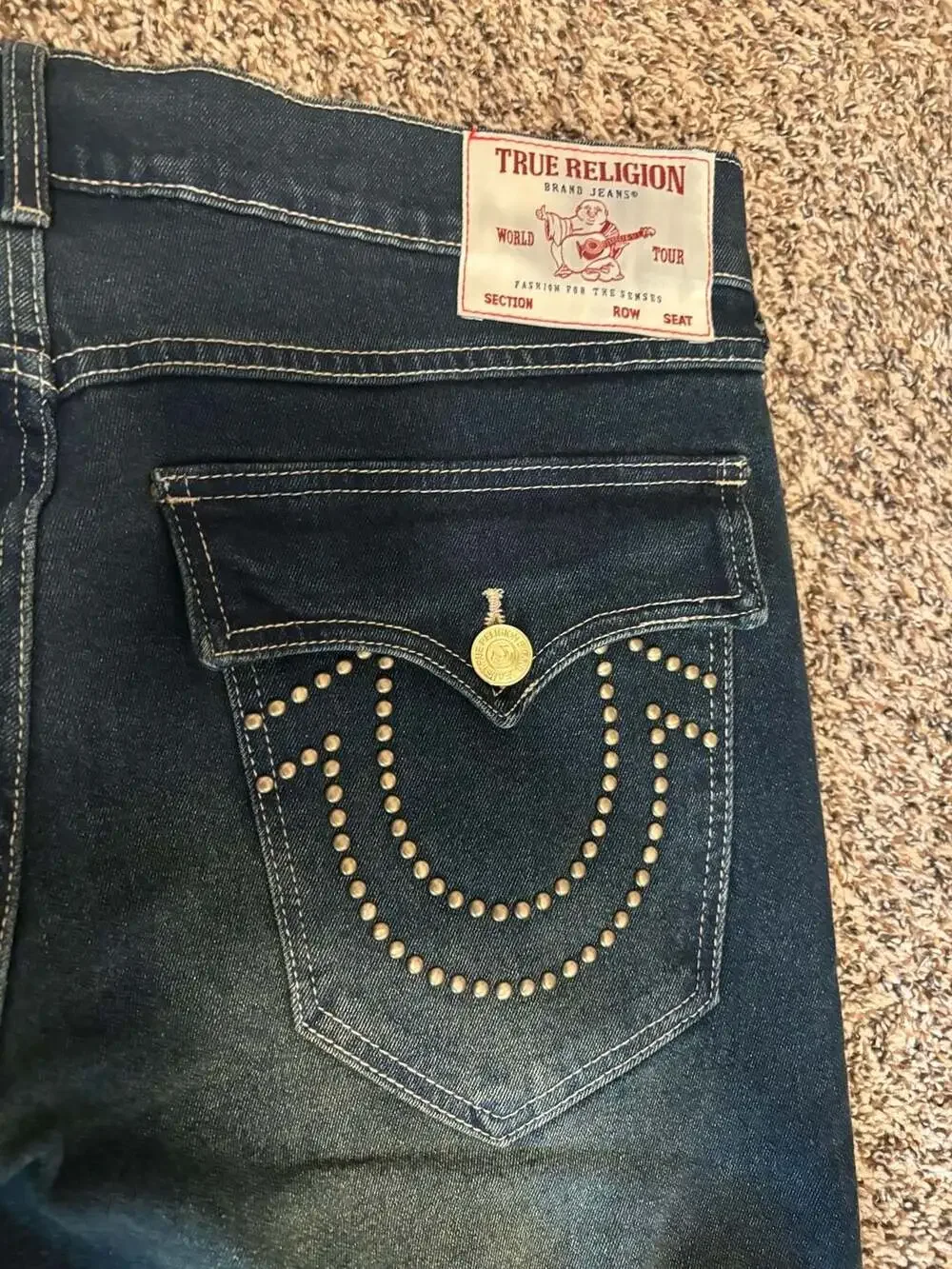 True Religion Men's Geno SN Flap Stud Relaxed Slim Jeans in Medium Amber Nights